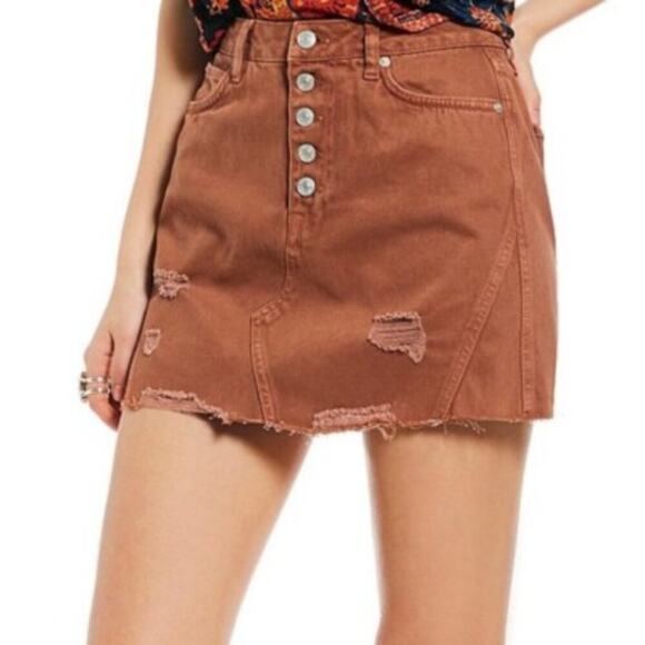 We The Free | Mini Denim Skirt Western Cowboy Cowgirl Boho Rust Bronze Brown 27 - Picture 1 of 8